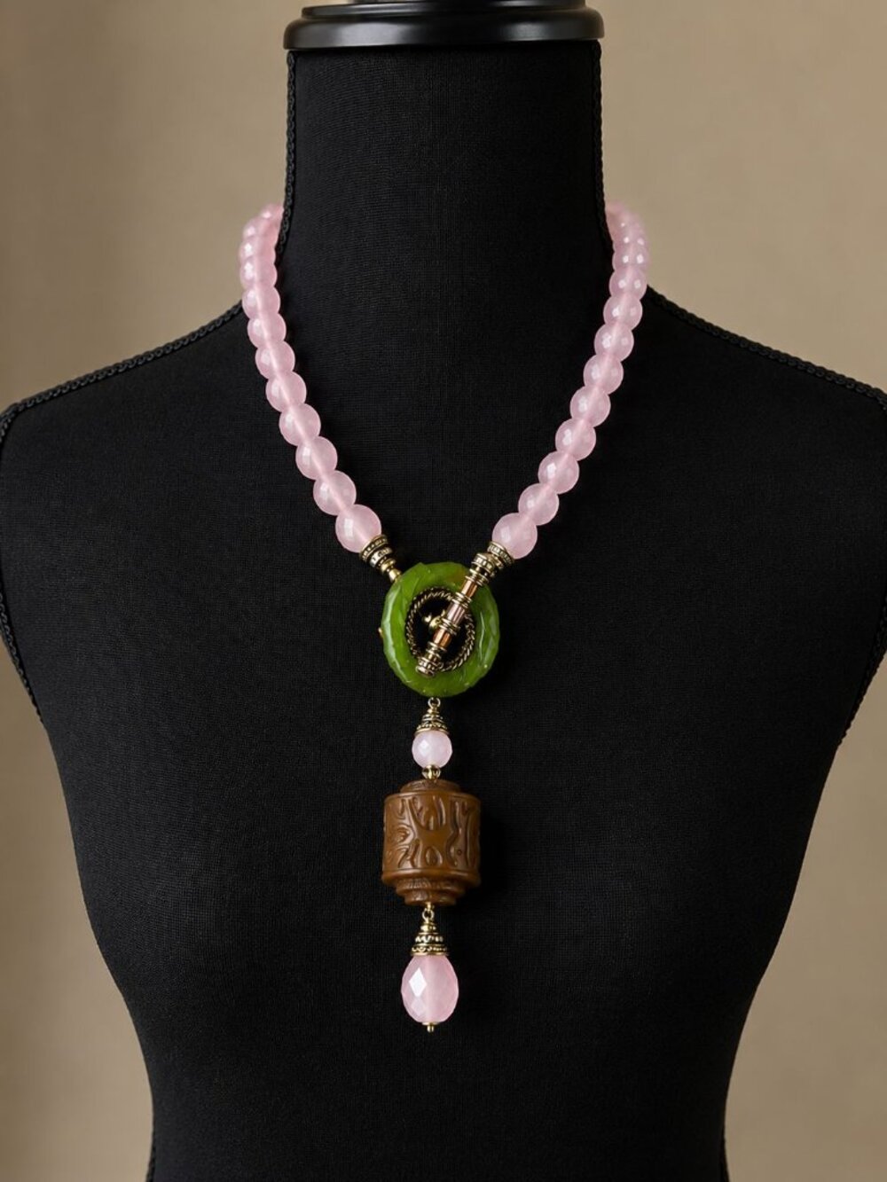 Heidi Daus Asian Inspired Rose Quartz Swarovski Crystal Toggle Necklace